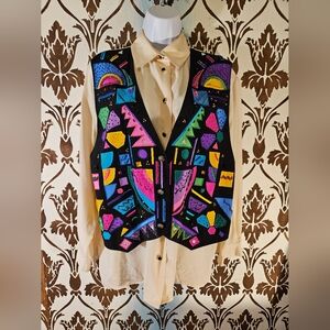 Vtg. 80-90s Y2K IB DIFFUSION Women's 8 Silk Blouse Top Vest Neon Geometric